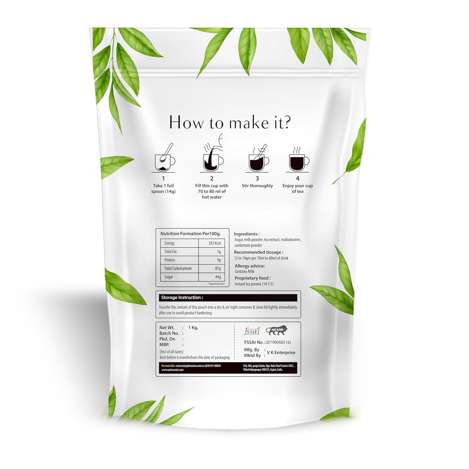 Optimus Elaichi Flavour | Made with Cardamom | Flavoured Instant Tea Powder | 1kg Pouch | Taste As Home | Prepare Manually Powder Suitable For All Coffee Tea Vending Machines