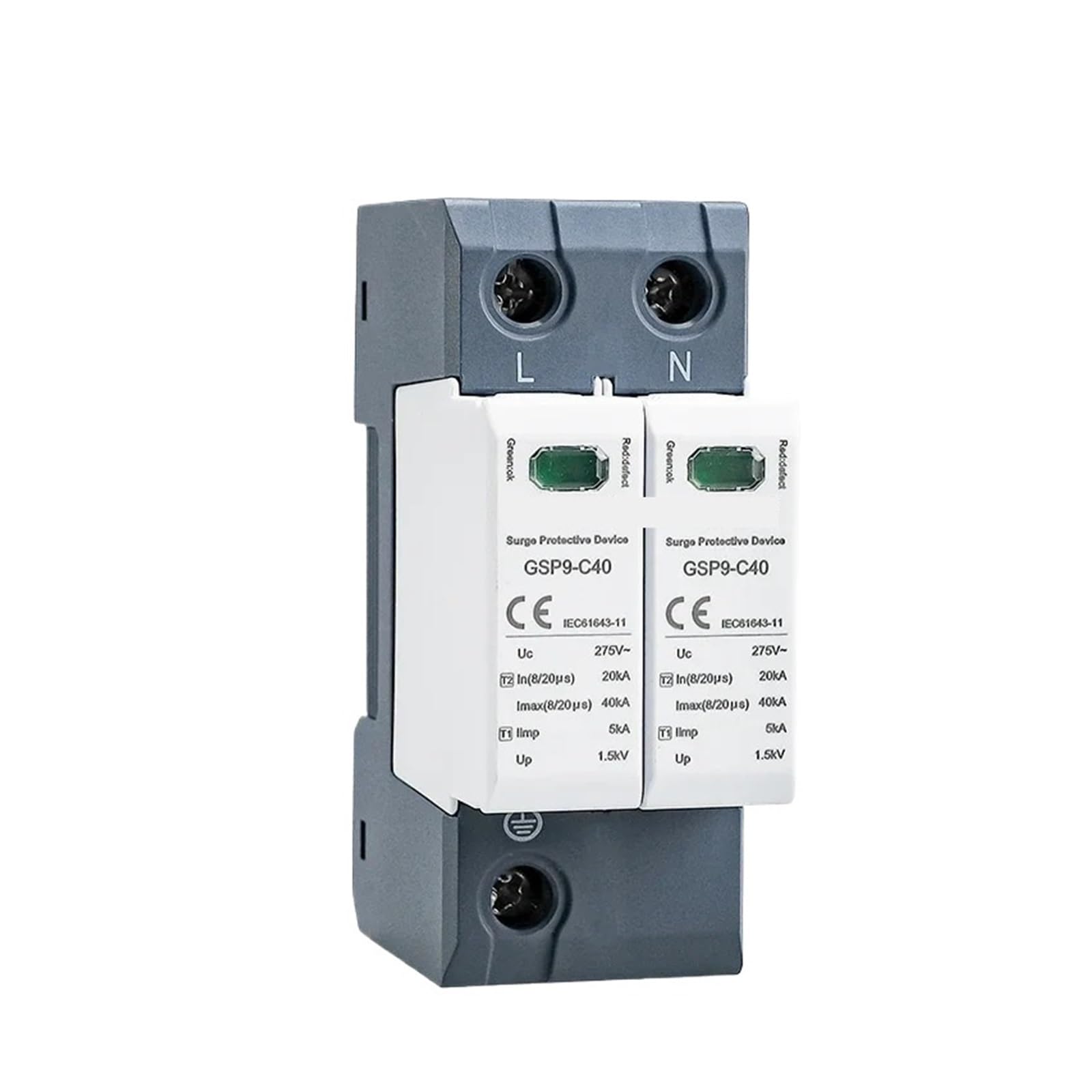 PVTLCYBI GSP9 2Pole Surge Protector 20KA-40KA AC275V AC385V 400V 440V Surge Protector 1P+N Rail(2P AC400V 40KA)