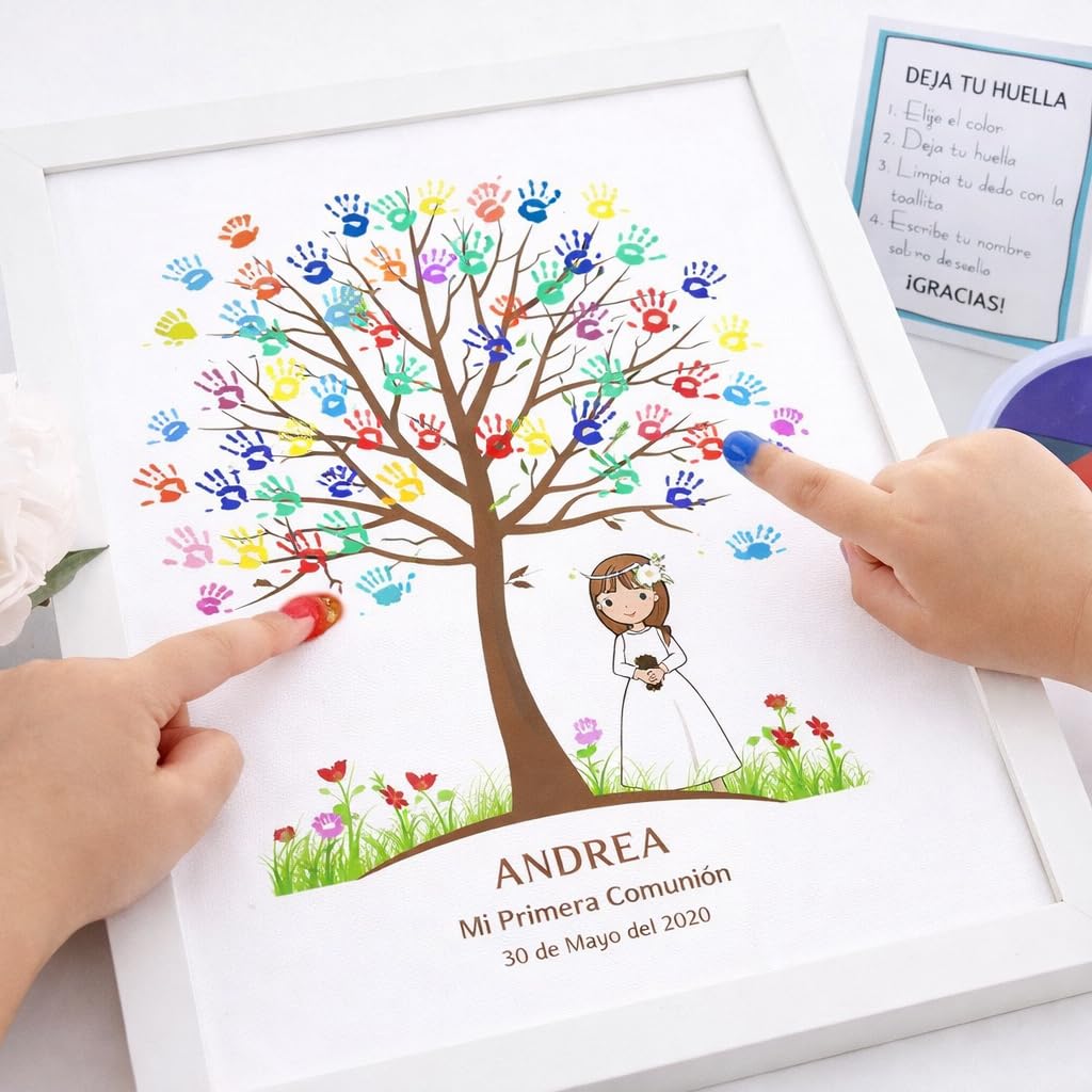 Cuadro Árbol de Huellas Comunión Niña Personalizado Vintage – Libro de Firmas Comunión con Tintas e Instrucciones – Regalo Comunión Original - Recuerdo Invitados