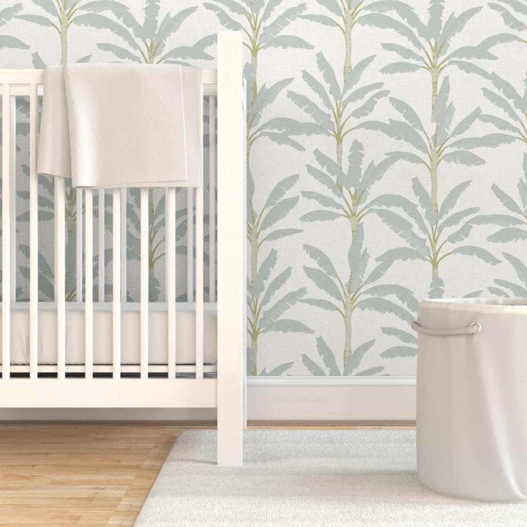 Peel & Stick Wallpaper 3ft x 2ft - Modern Coastal Pastel Mint Palms Large Green Nature Beach Custom Removable Wallpaper by Spoonflower