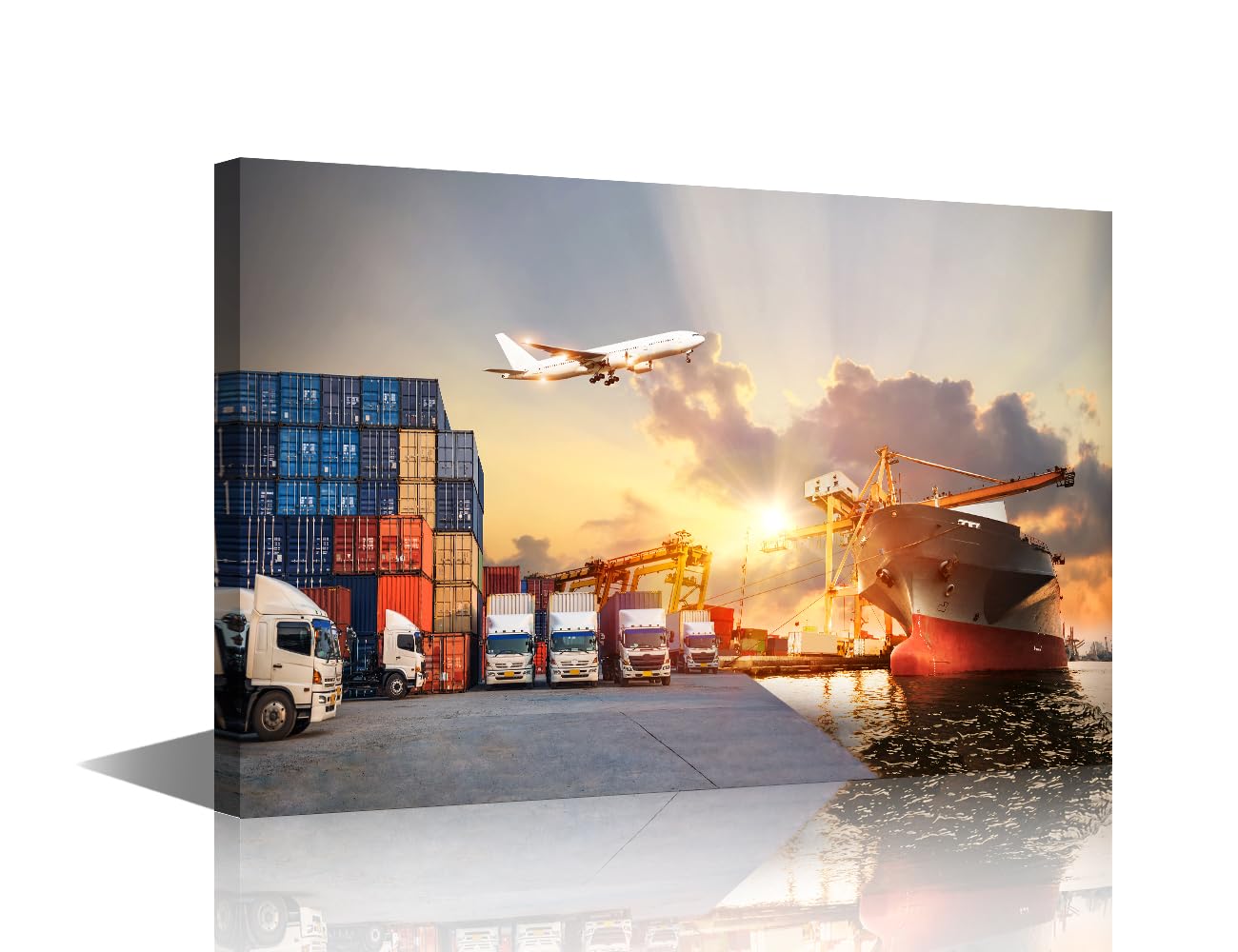 TISHIRON 1 Panel Framed Wall Art Logistics and Transportation of Container Cargo Ship and Cargo Plane Posters Prints, Modern Artwork Giclee Wooden Framed Gallery-Wrapped Ready to Hang, 24" Wx16 H โ image 1