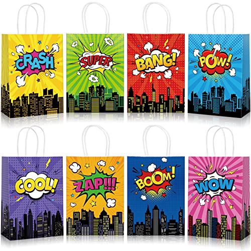 YIDAKO 24pcs Hero Party Favors Bags Hero Goodie Candy Bag Gift Bags with 8 Different Types Comic Kraft Paper Bag for Birthday Party Supplies Baby Shower Decorations