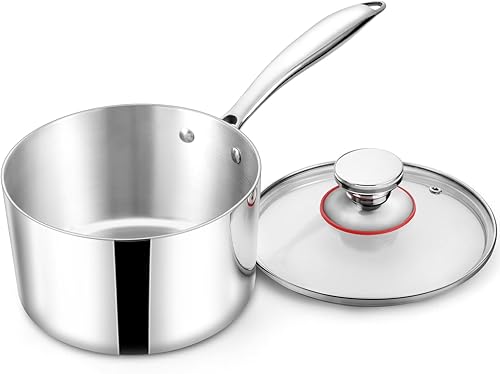 TeamFar Cacerola de 2 cuartos con tapa, sartén de acero inoxidable de tres capas para leche, olla pequeña con mango ergonómico, para inducción, gas,