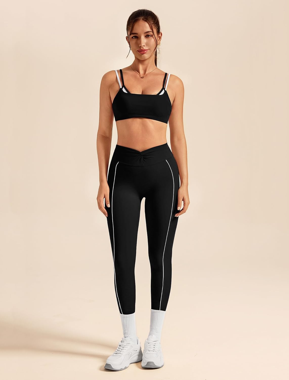 ABOCIW Workout Workout Sets Color Block Twist Back Layered Sports Bra Twist Waist Leggings Gym Yoga Outfits - Image 2