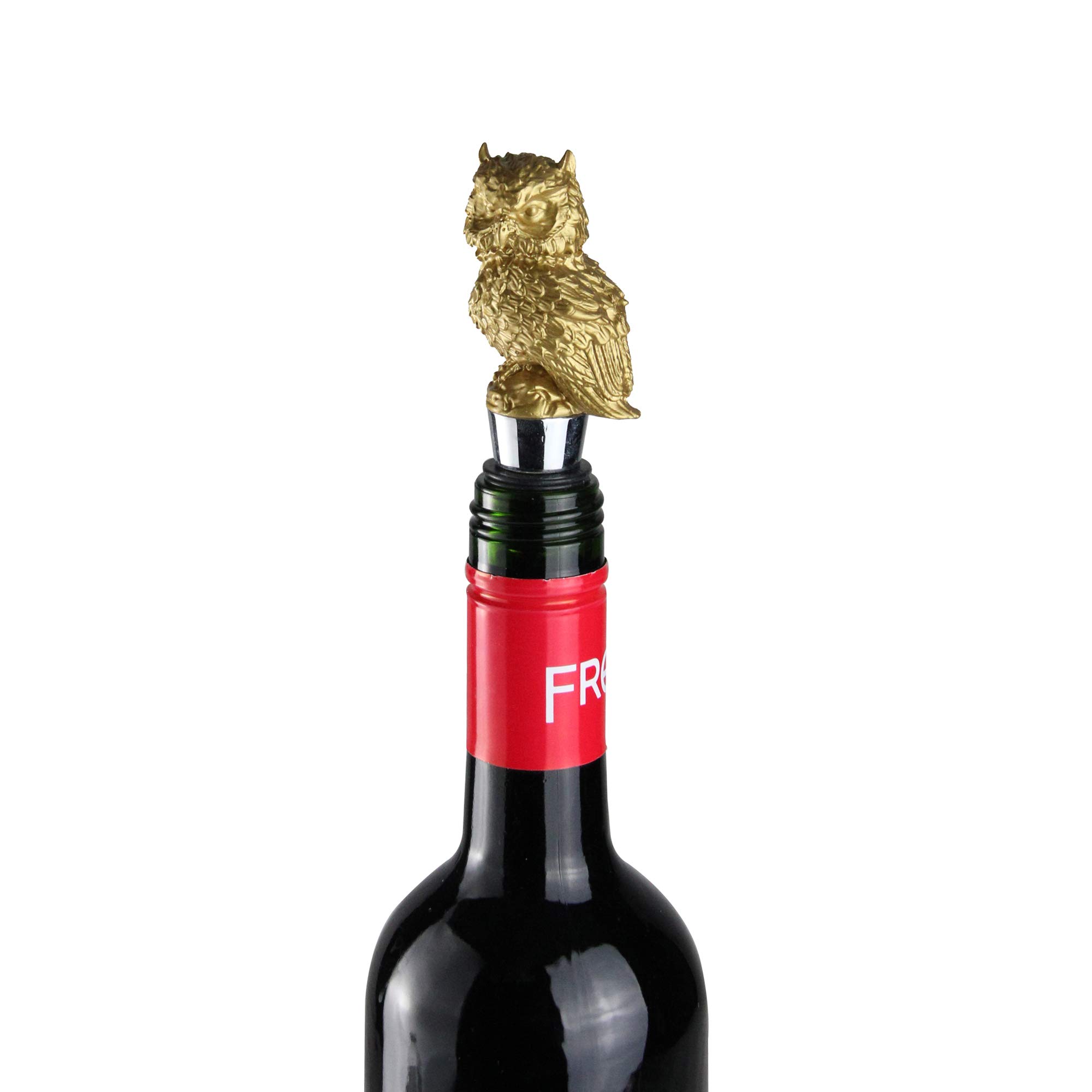 Tapón para botella de vino de acero inoxidable, diseño de búho dorado hecho a mano de Woodland, 4,75 pulgadas
