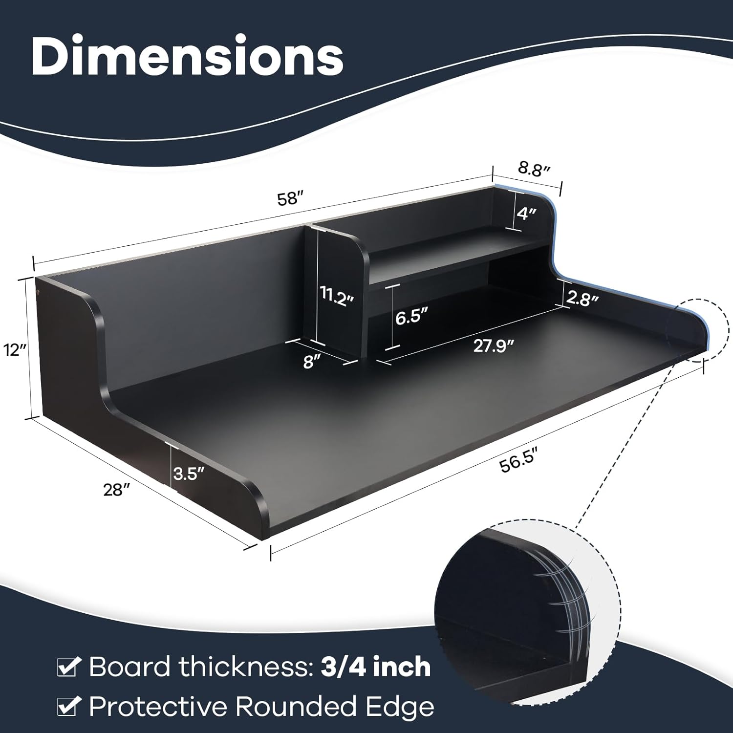 Kaboon Washer Dryer Countertop 2 Tier 58 inches Wide, Laundry Shelf Topper with Edge, 58" W x 28" D x 12" H Laundry Space Organizer, Black