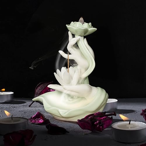 Miniatura 7 de DISCHAOS Soporte de incienso de reflujo cultura budista, quemador de incienso en cascada, mano de Buda y patrón de loto, adorno de aromaterapia,