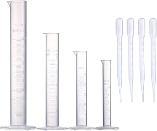 Young4us 4pc Graduated Measuring Cylinders Set (100ml, 50ml, 25ml, 10ml) + 4 Droppers - Shatterproof PP Lab & Kitchen Tools