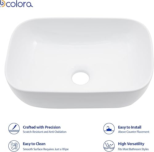 Miniatura 2 de Dcolora - Fregadero rectangular de cerámica blanca de 19 x 15 pulgadas, lavabo de baño rectangular de porcelana blanca sobre mostrador