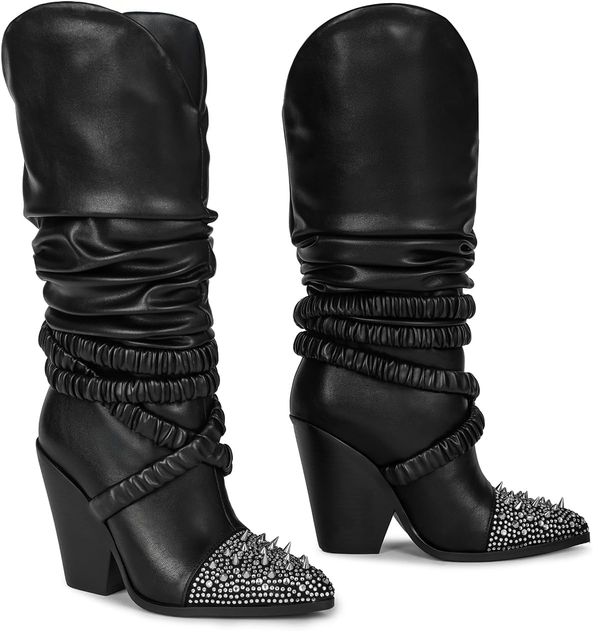 Chunky Heel Knee High Western Cowboy Boots, Black Elastic Band Punk Rock Silver Studded Rhinestone Slip-On Long Boots