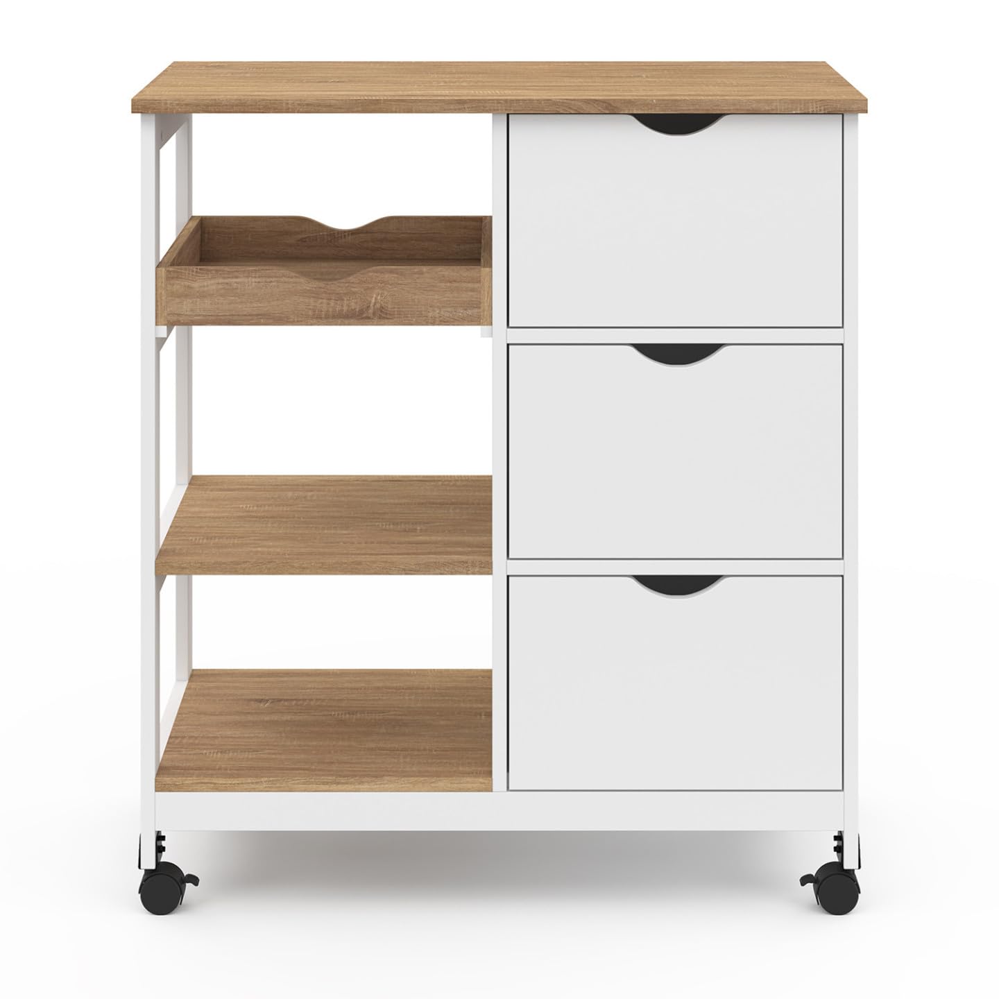 IDMarket - Carrito de cocina MUNA 3 cestas + 1 bandeja extraíble blanca y efecto haya L.76 cm