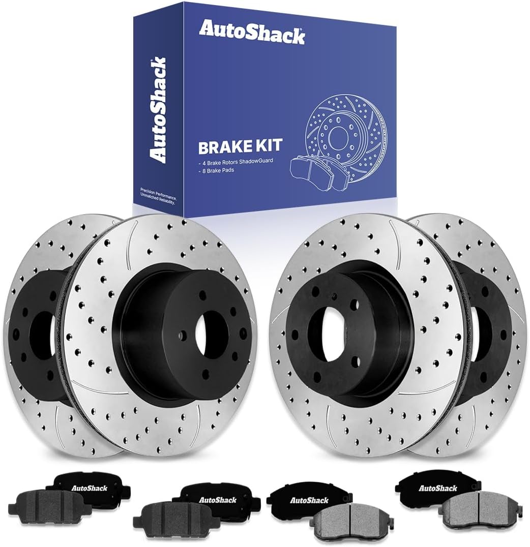 AutoShack Front Vented & Rear Vented Drilled & Slotted E-Coated Brake Rotors + Ceramic Pads 12-PC Brake Kit Replacement for 2003-2005 Nissan 350Z 2003-2005 INFINITI G35 ShadowGuard