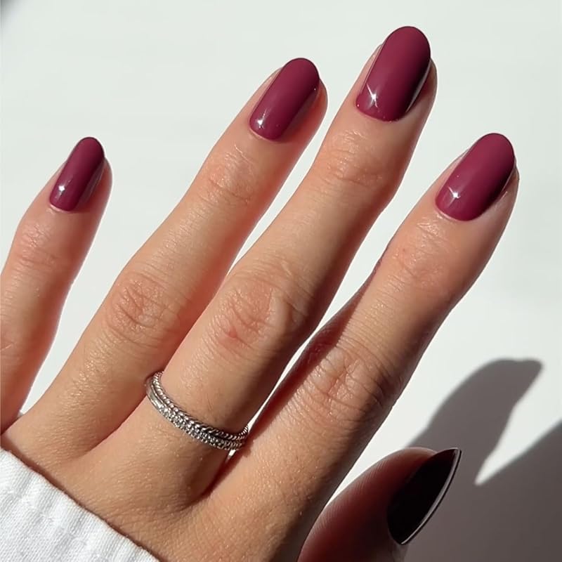 Glamnetic Press On Nails - Short Round, Glossy Fake Nails 30 Pc Full Kit | Berry maroon press on nails, 15 sizes. Fall nails, glue-on set. Waterproof, chip-resistant, up to 2 weeks wear