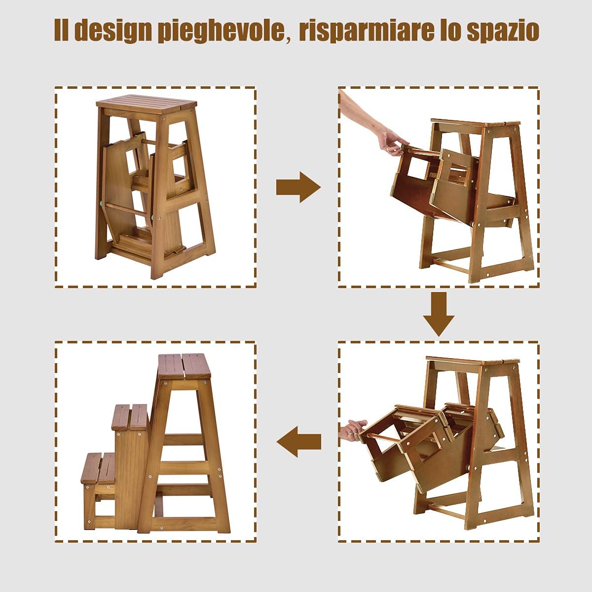 RELAX4LIFE 2 in 1 Sgabello Scaletta in Legno a 3 Gradini, Richiudibile per Cucina, Camera da letto, Ufficio, Negozio (Marrone Chiaro)