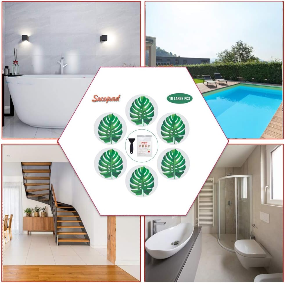 Secopad Leaf Non Slip Bathtub Stickers with Scraper, 10PCS, Green | Original Large Anti-Slip Treads, Comfortable PEVA Material, Strong Adhesive, Easy to Use, For Bath Tubs, Showers & Stairs