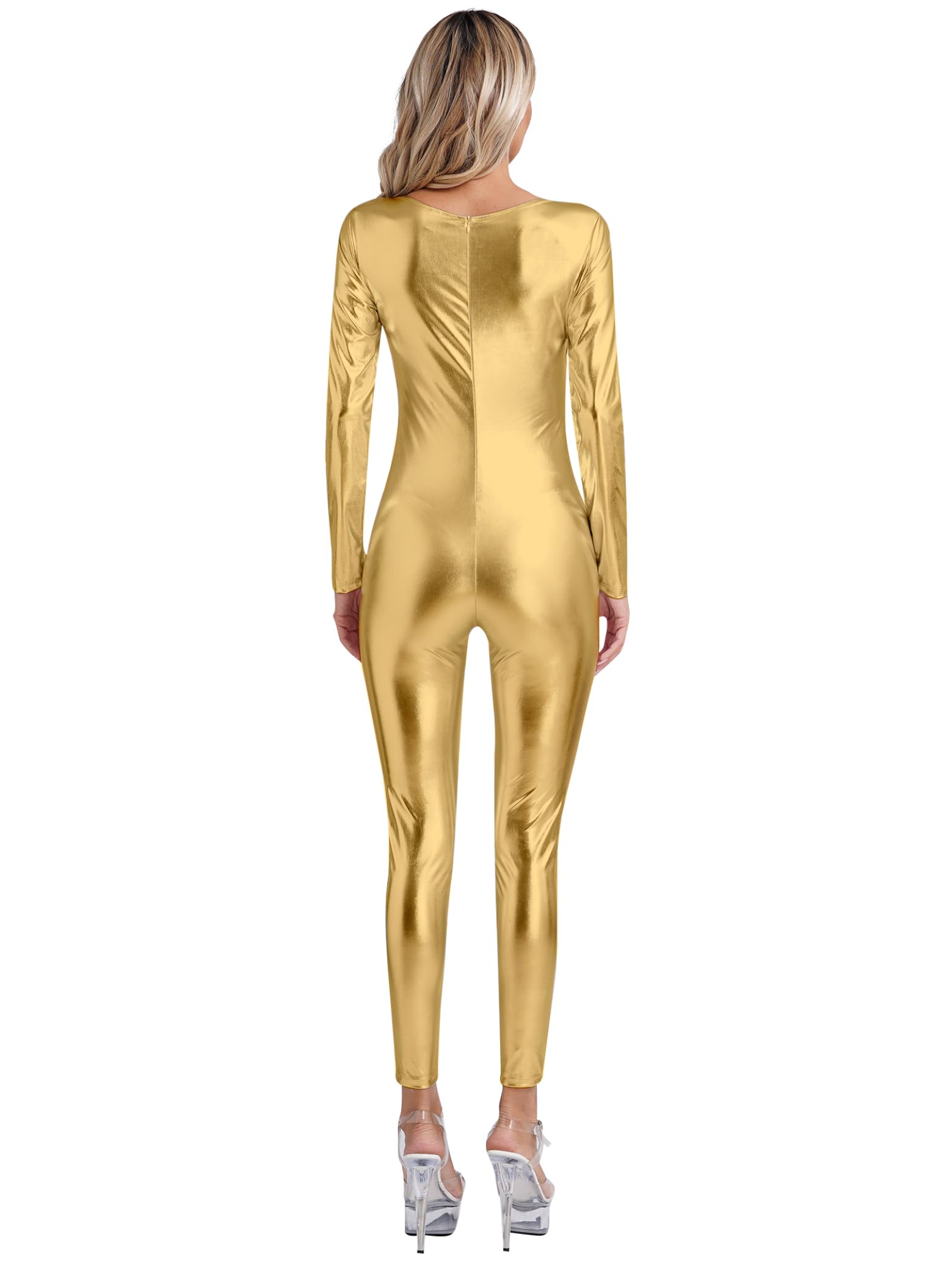 Sxiwei Langärmeliger Body für Damen Turnanzug Gymnastikbody Shiny Metallic Unitard Catsuit Ganzkörperanzug Einteiler Jumpsuit