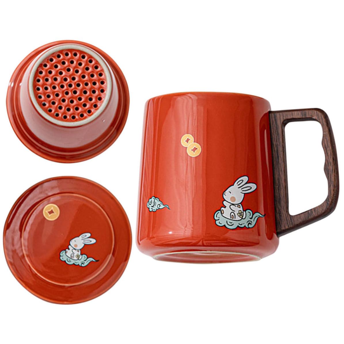 Healeved Taza de Té con Infusor y Tapa de Cerámica Roja de 400ml con Superficie Lisa y Filtro para Infusiones Adecuado para Agua y Leche en Casa u Oficina