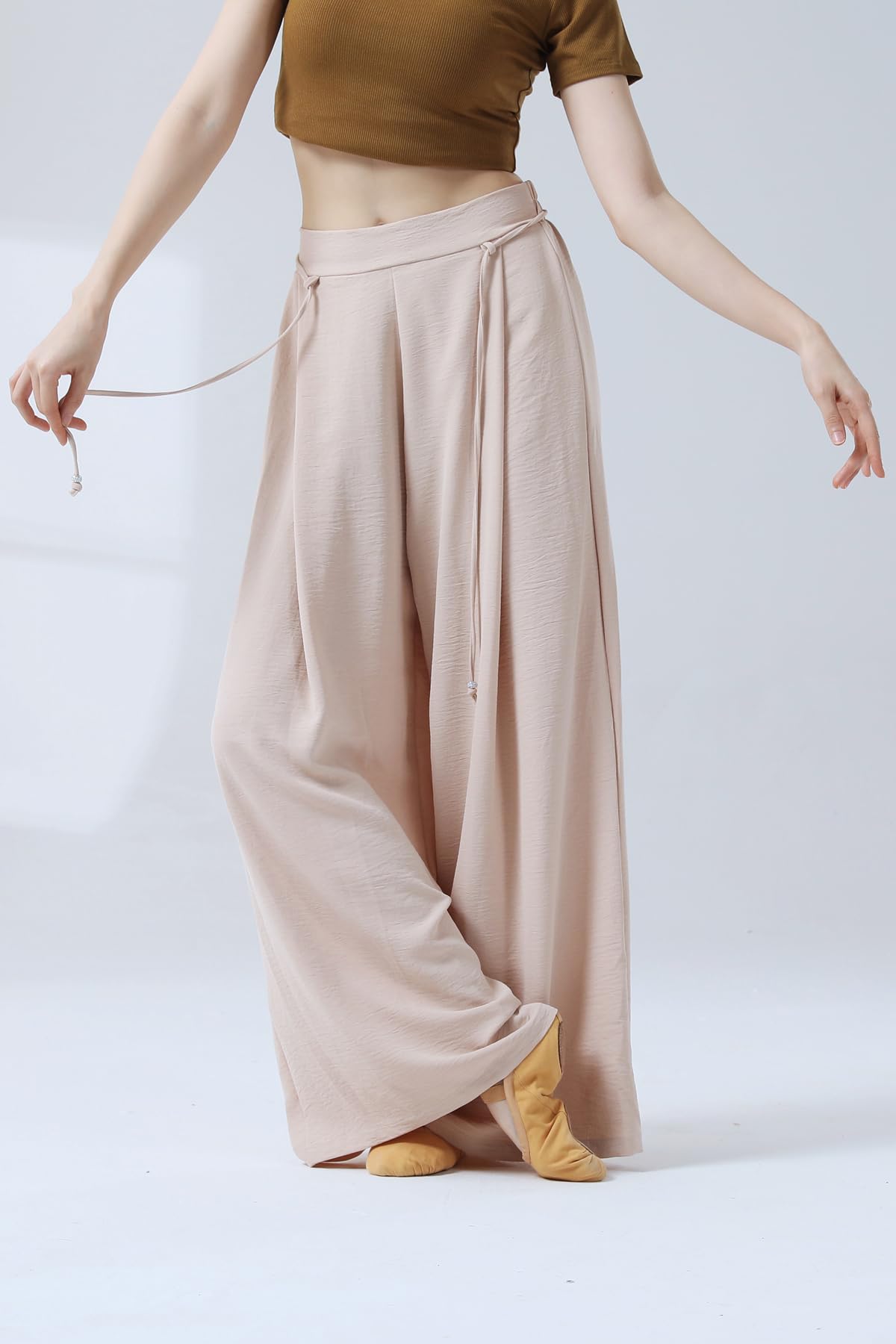 Angcoco Women's Loose Fit Wide Straight Leg Pants for Dance Beige