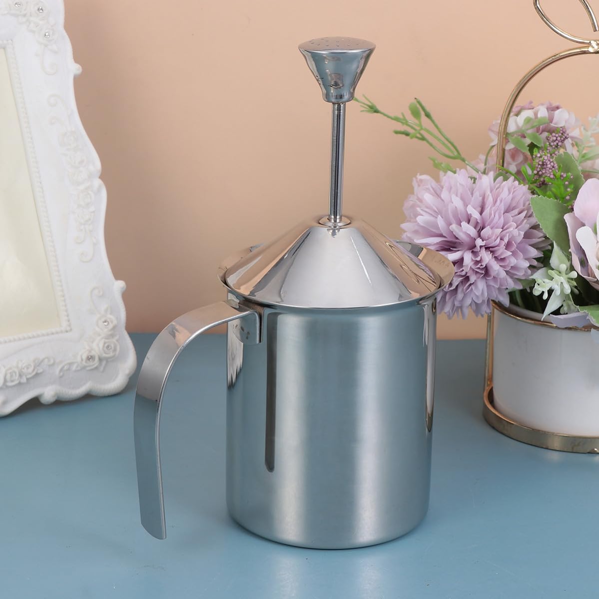 Schiumalatte Manuale in Acciaio Inossidabile 304 Doppio Filtro a Doppio Strato, Capacità 800cc, per Uso Domestico e Bar per Preparare Latte Schiumoso