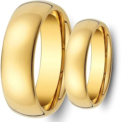 Wedding Rings for Him and Her - 6MM/8MM Mens and Ladies Classic Domed Gold Plated High Polish Tungsten Carbide - Couple Rings Set - Wedding Bands for Couples - Wedding Band Sets for Couples
