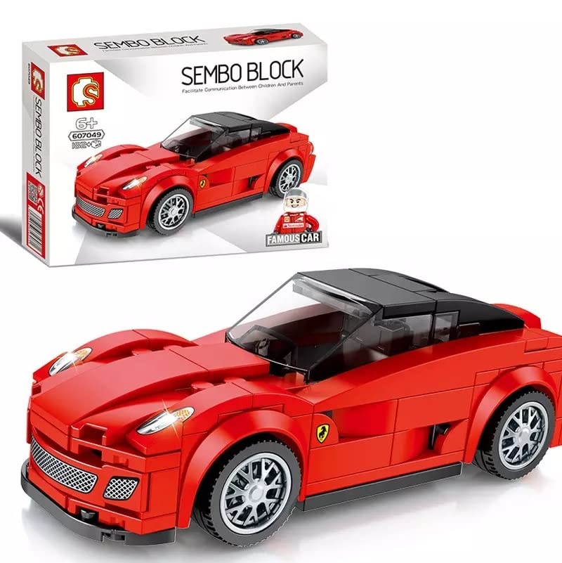 Sembo Block Famous Car Santmder kit showing assembled red car, a minifigure, and piece count.