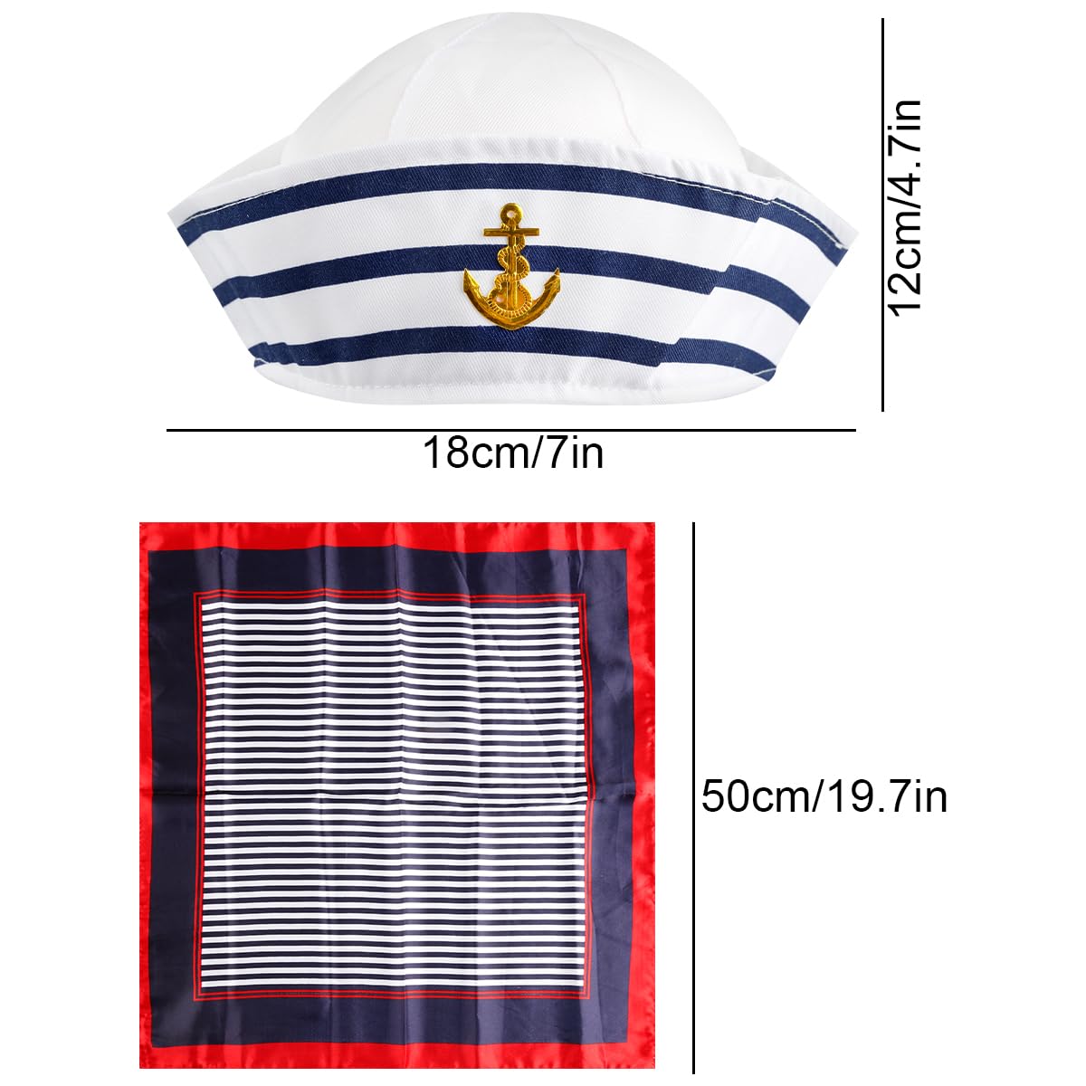 Thyonta 2PCS Blue and White Striped Sailor Hat and Scarf Set Round Top Dress Up Party Captain's Hat Suitable for Sea Boat Party, Halloween - Image 2