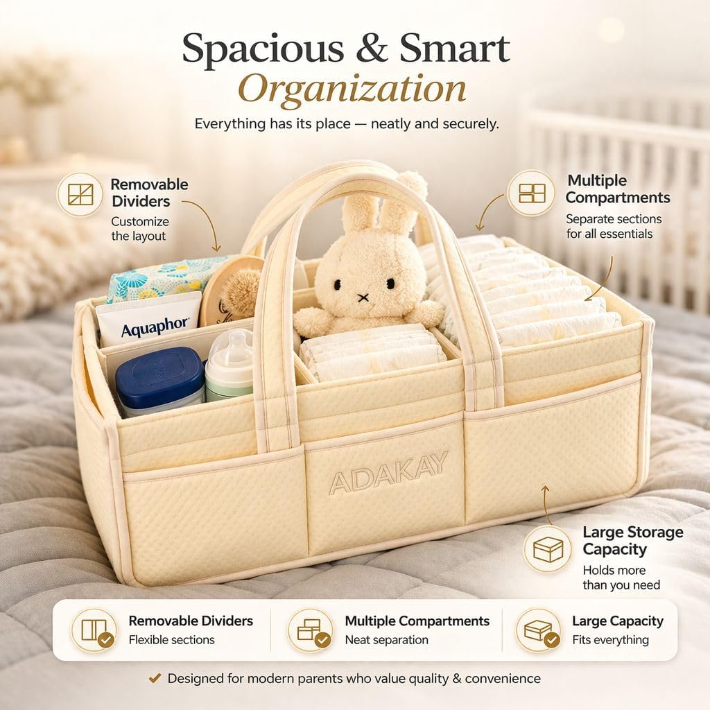 Baby Diaper Caddy Organizer – Portable Storage Basket with Removable Dividers, Cotton Rope Nursery Storage Bin for Diapers, Wipes & Baby Essentials (Beige)