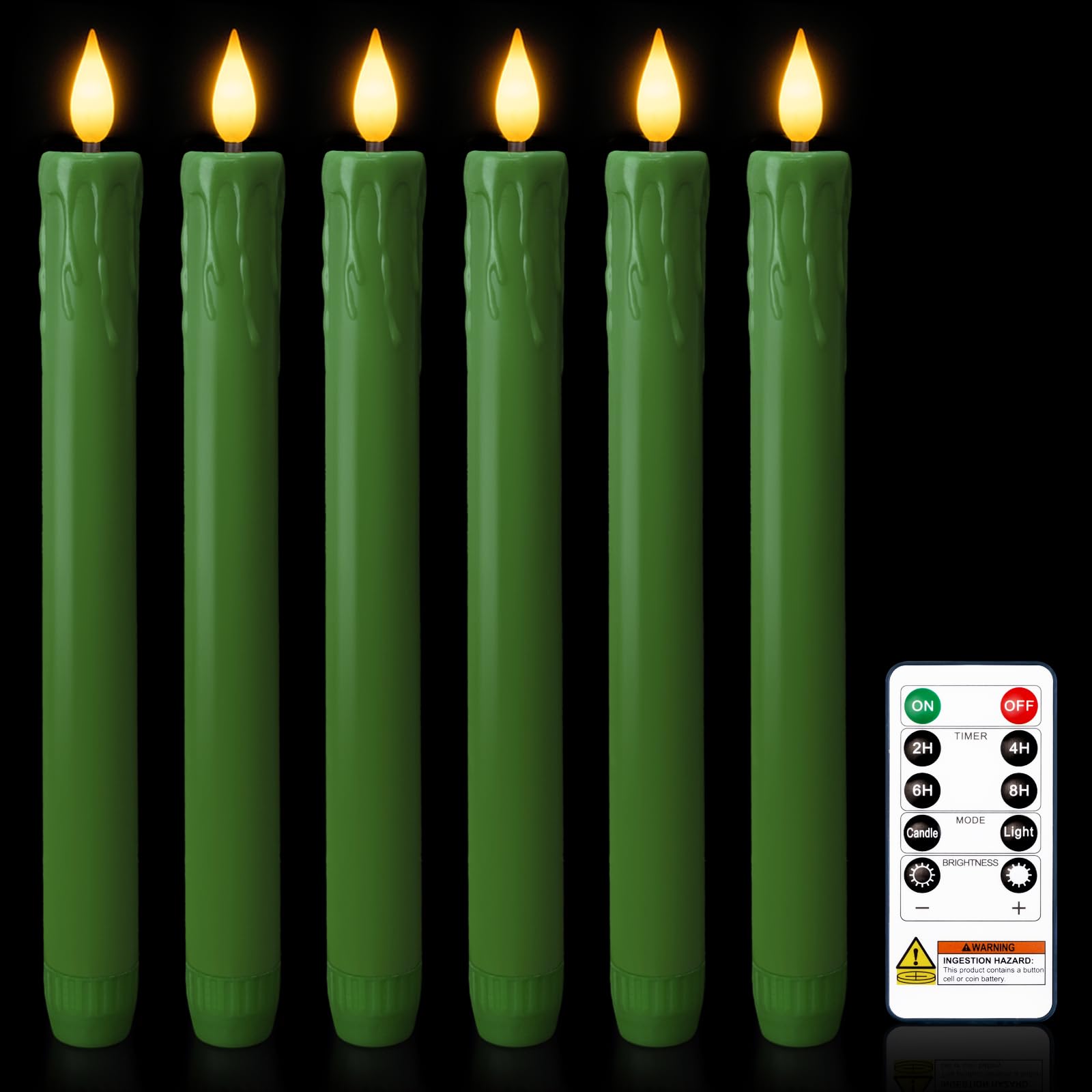 Homemory 6 Pcs Real Wax Green Flameless Taper Candles with Remote Timer, 9.6 Inches LED Fake Candlesticks, LED Candle with 3D Flickering Flame for Romantic Wedding, Dinner, Xmas Anniversary Decor