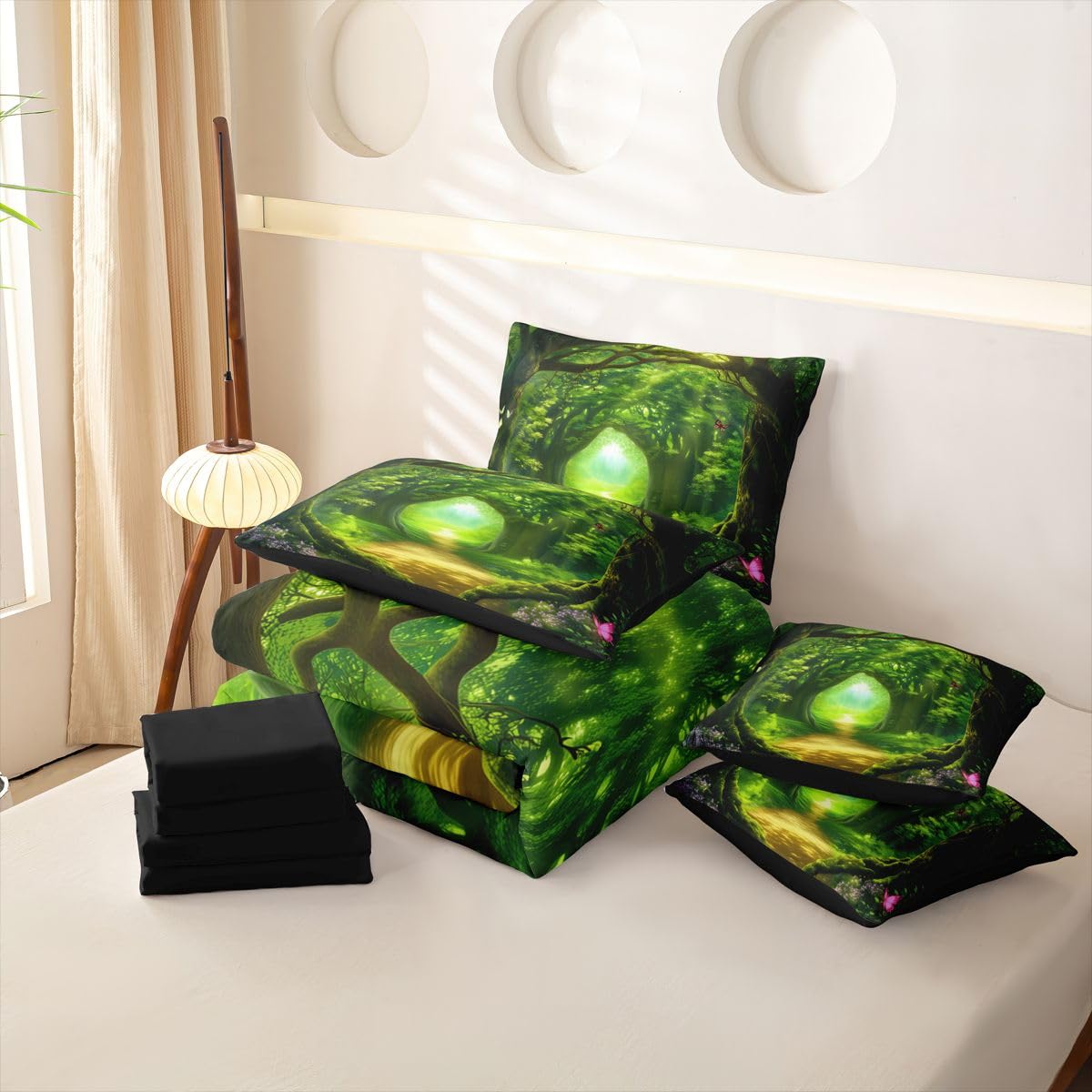 Loussiesd Juego de funda de edredón de 7 piezas, diseño de bosque botánico, tamaño doble, juego de ropa de cama completo con funda de edredón, sábanas, fundas de almohada, fundas de cojín