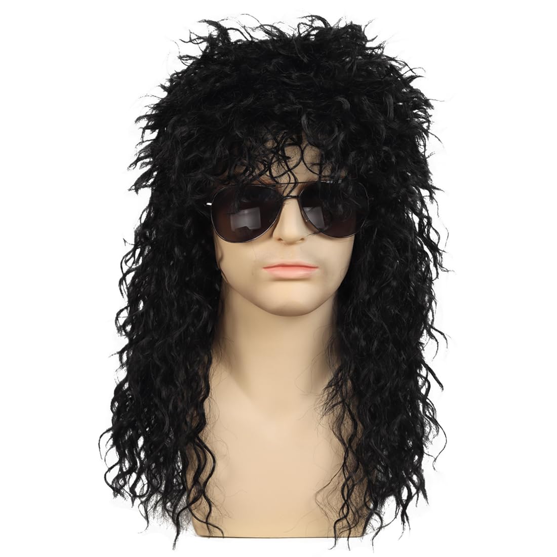 WildCos 80s Halloween Costumes Punk Rocker Wig mullet wig Long Black Curly hair Cosplay Wig for Men