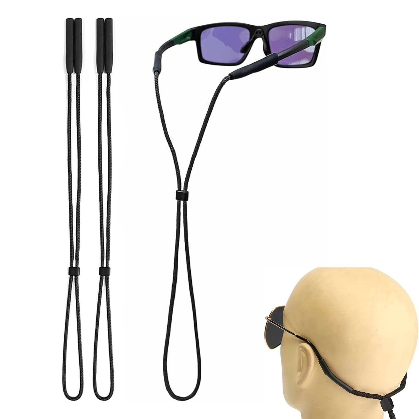 3 correas ajustables para gafas, cadena antideslizante para gafas, correas para gafas, con hebilla antideslizante de silicona, cadena de fijación de gafas de nailon, para salir, deportes, leer (negro)
