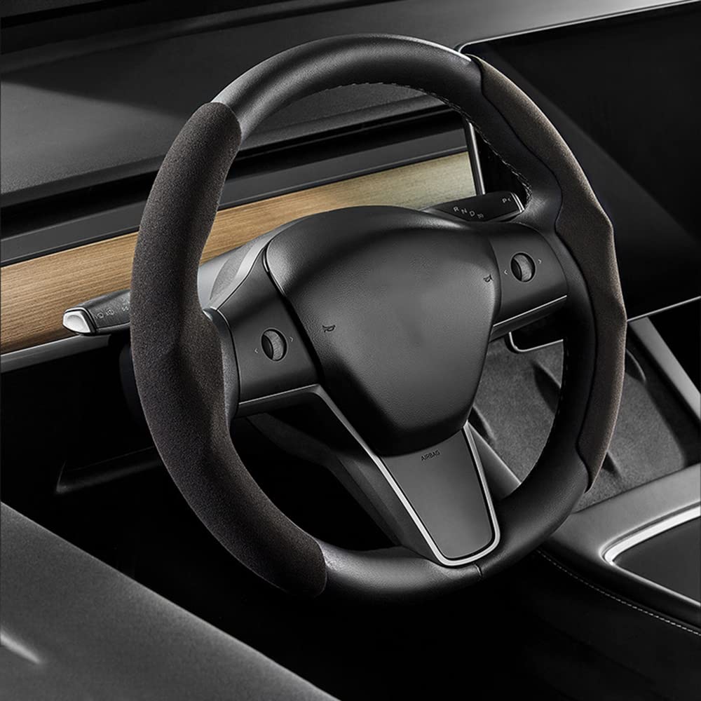 HOOMIN Car Steering Wheel Cover for Tesla Model 3 & Y, PU Leather Steering Wheel Wrap Cover, Anti-Slip Car Segmented Steering Wheel Protector (Black)