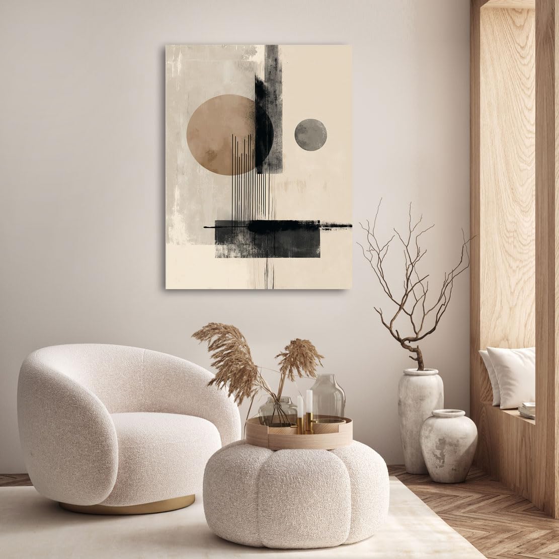 Kunstgestalten24 | Boho Wandbild auf Leinwand mit Echtholz-Keilrahmen – Abstrakte Kunst in Beige und Braun – Modernes Bild für Wohnzimmer & Büro | 75x100 mit 2cm Rahmentiefe