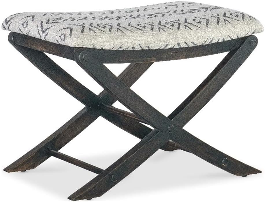 BOWERY HILL Upholstered Bedroom Bench, 26 x 18 x 19 in, Fabric Seat, Wood Frame, X-Base Design, Black Sand Finish, Tropical Resort-Inspired Style with Tribal Pattern for Bedroom or Living Room Use