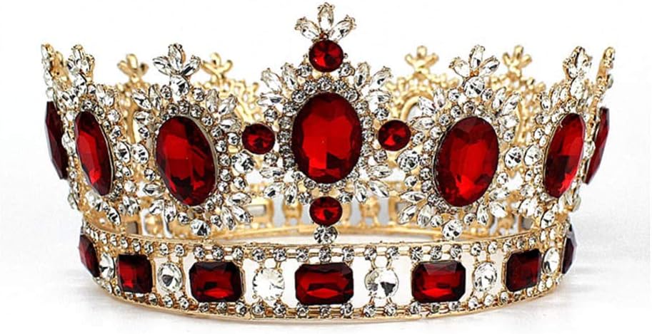 Beaupretty Rhinestones Crystal Crown Baroque Queen Crown Vintage Tiara Full Round Wedding Crown for Birthday Wedding Prom Party (Red)