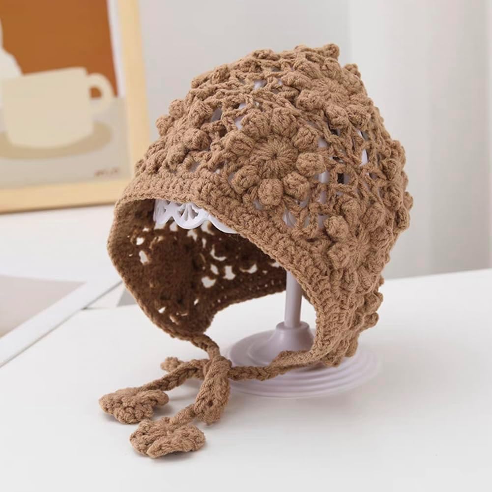 Toddler Girl Beanie Handmade Hollow Crochet Flower Earflap Knit Hats Baby Bonnets with Strap - Image 5