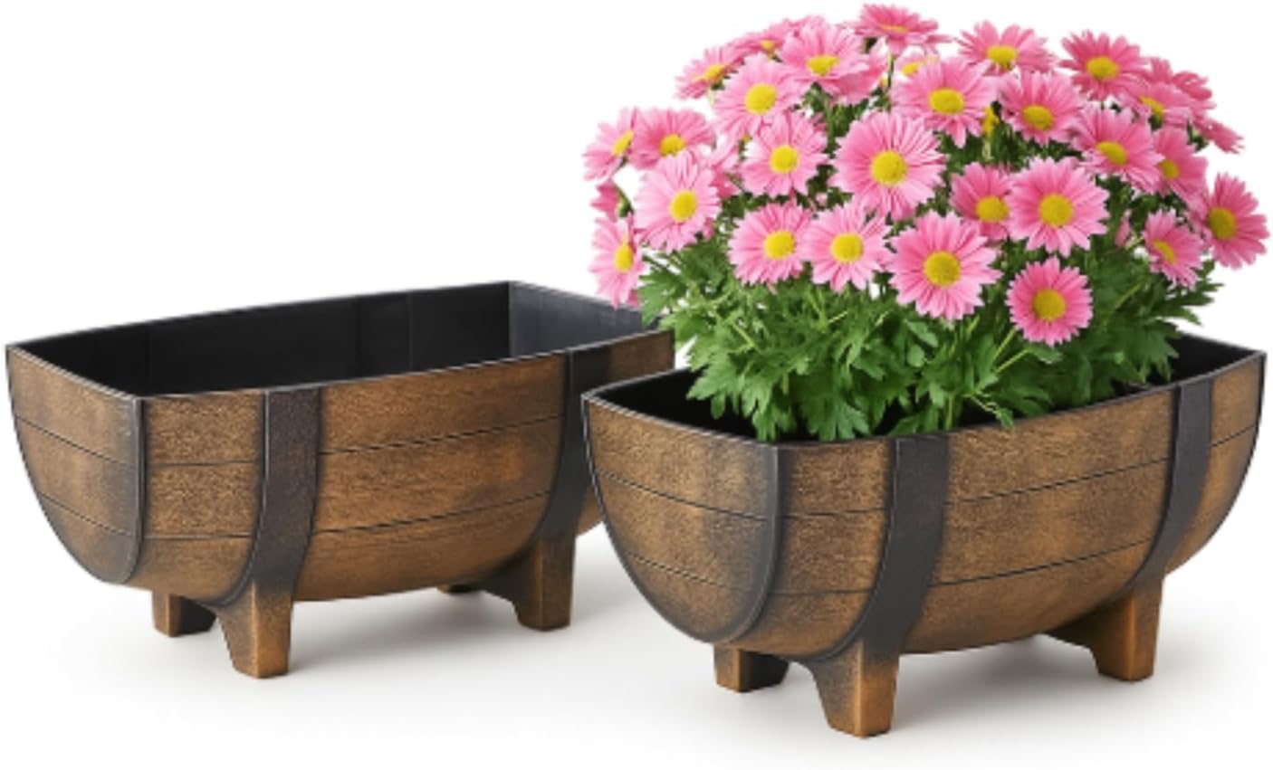 Rustic Half Barrel Planters – Set of 2, Faux Wood Outdoor Flower Pots with Drainage Hole & Feet, Weather-Resistant Polypropylene Garden Containers, 16.25" x 7.5" x 11.75"