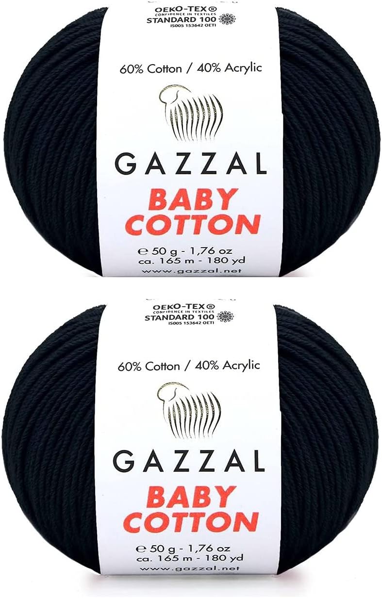 Gazzal Baby Cotton Yarn 60% Cotton 40% Acrylic 2 Balls Balls 50g/150yrds 165m Soft 2 - Fine Baby Yarn 3433 Black