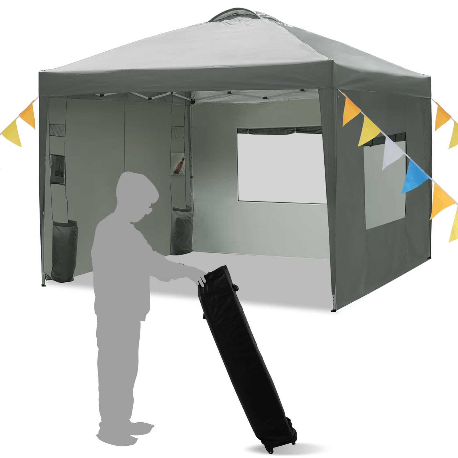 10x10 Pop Up Canopy with 3 Sidewalls, Patented One Push Easy Up Canopy Tent with Wheeled Carry Bag, Portable for Outdoor Event/Party/Bench, Air Vent, Grey