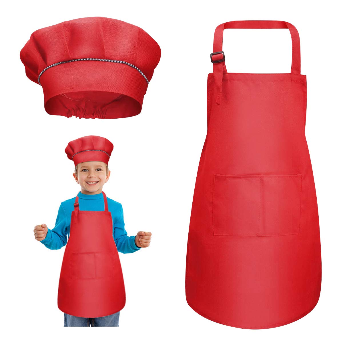 kissral Delantal para Niños + Gorro De Cocinero, Delantal de Cocina Infantil Delantales Infantiles Delantal De Chef De Cocina para Niños Pintura 4-12 Años L (Rojo)