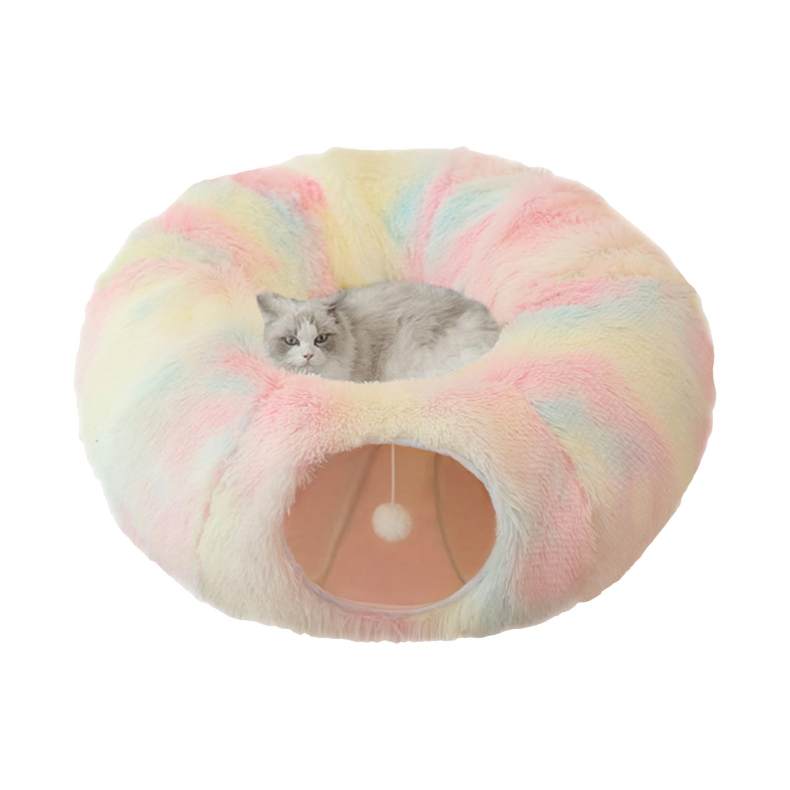 awakentti Tunnel en forme de beignet pour chat avec jouet en peluche, lit rond pliable pour chat, résistant aux rayures, jouet tunnel pour chiot, furet, chaton, lapin