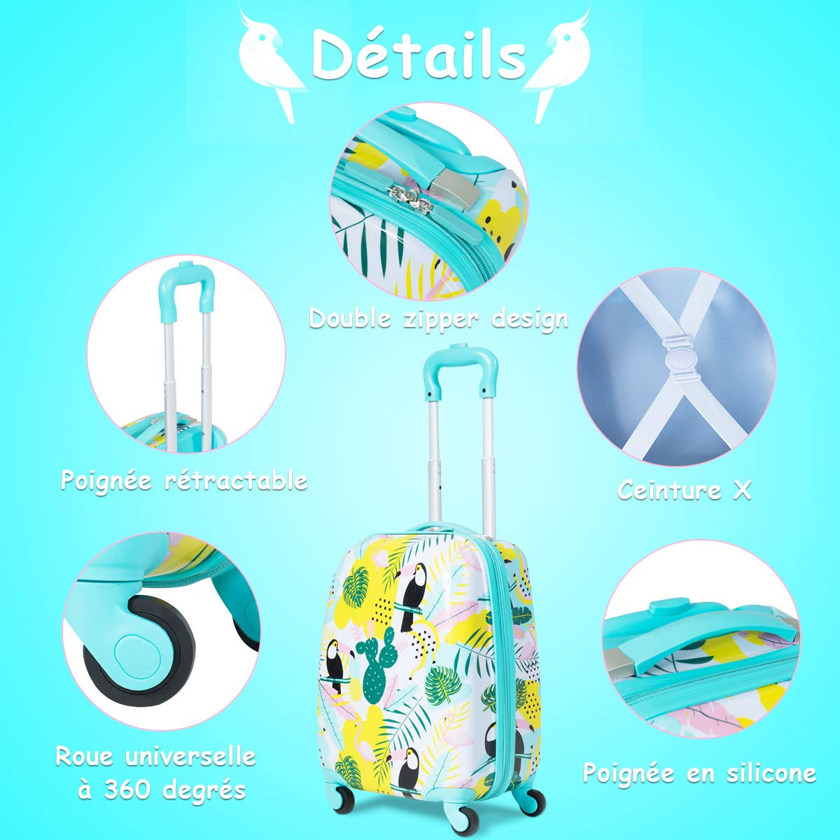COSTWAY Valise Enfants à roulettes 16’’ & Sac à Dos 12’’ avec Poignée Télescopique, Bagage Enfants avec Motif Flamants, 4 Roues Rotatives, Lot de 2 Valise pour Fille Garçon