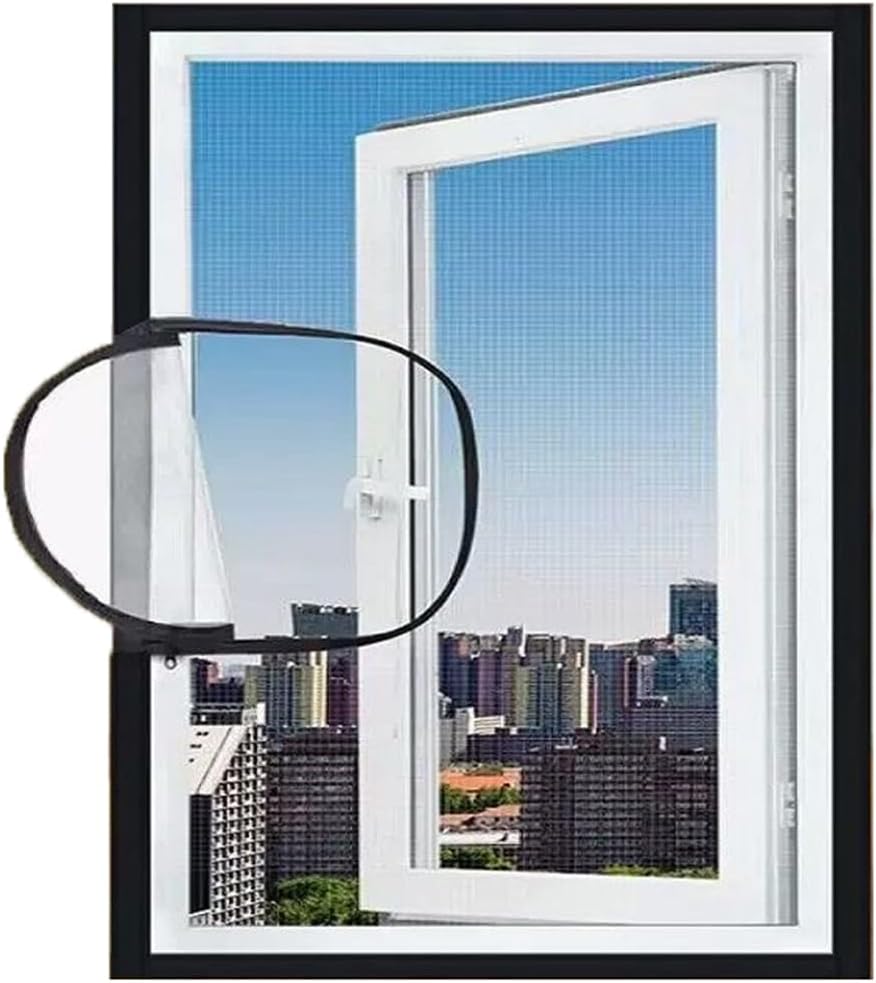 Fly Screen for Windows, Self Adhesive Fiberglass Nets with Zip Opening, Cat Protection Guard Net, Insect Mesh Mosquito Netting for Keep Bugs/Flies Out (110x120cm,Grey Mesh Black Sticker)
