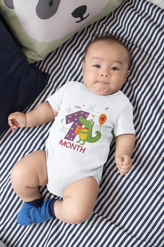 Image of Monthly Birthday Romper for Newborn Baby | Unisex Half Sleeve Bodysuit with Envelope Neck | Soft Cotton Outfit with 1 to 12 Month Print | Comfortable Infant Wear for Boys & Girls