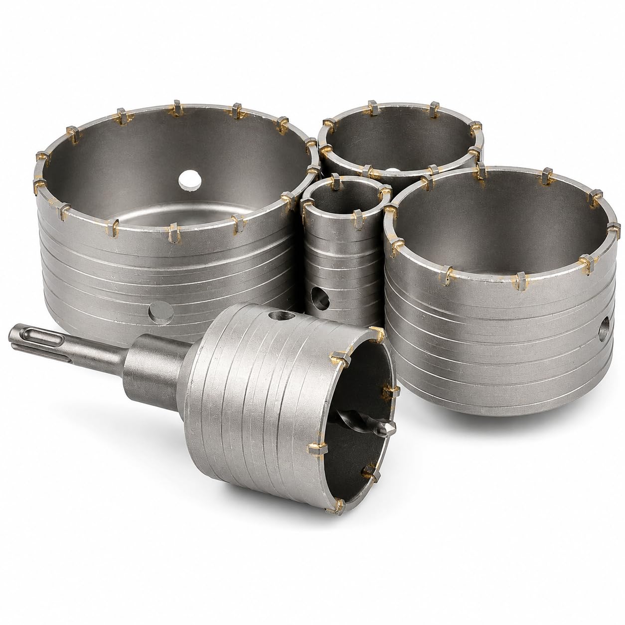 Zestaw Otwornic do Betonu i Muru 7 el 40 65 80 100 125 mm, Koronki Widiowe SDS Plus z Adapterem i Wiertłem Prowadzącym do Puszek Elektrycznych, Cegły, Kamienia, Betonu Komórkowego