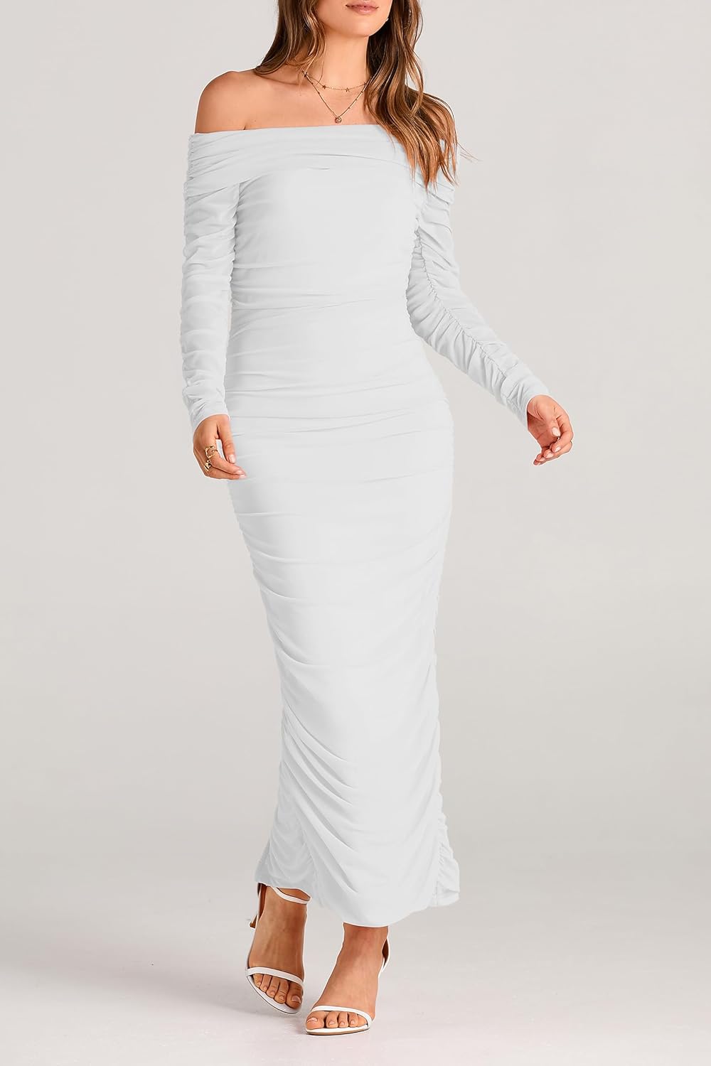 PRETTYGARDEN Women's Fall Off The Shoulder Maxi Dress Spring Long Sleeve Ruched Fitted Bodycon Club Dresses with Slit - Image 3