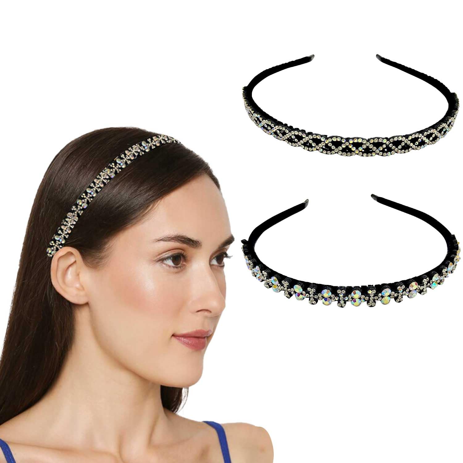 Swarosky Crystal Beads Black Velvet Headbands Bling Rhinestone Hairband Hair Accessories Non-Slip Headbands Shinny Crystal Hair Hoop for Women & Girls - pack of 2-image-30