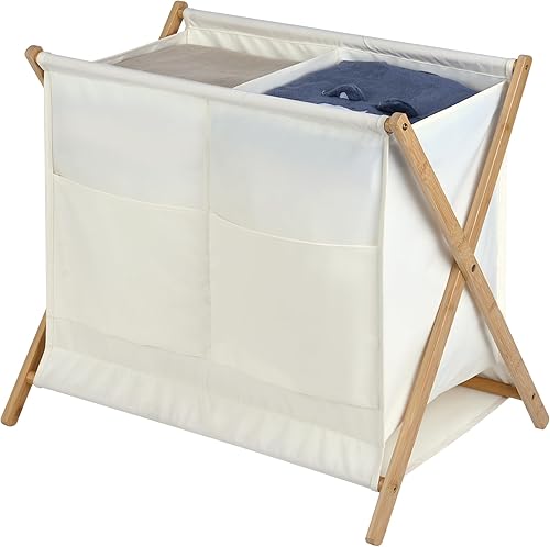 Cesta doble para lavandería, cesta de lavandería con marco en X de bambú para ropa sucia, cesta de lavandería de 2 secciones para baño, dormitorio y disponible en Yaxa Venezuela