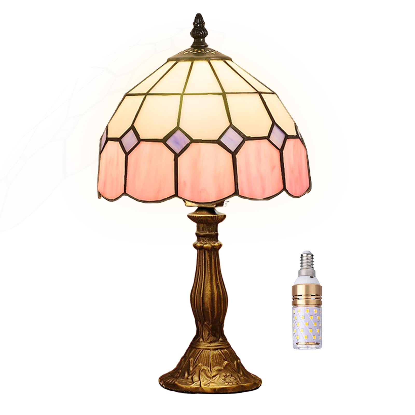 Table Lamp Tiffany-Style 8 Inch Mediterranean Series Stained Glass Lampshades Small Bedside Lamp Reading Antique Desk Light Livingroom Bedroom Office Vintage Art De(Color:Pink)