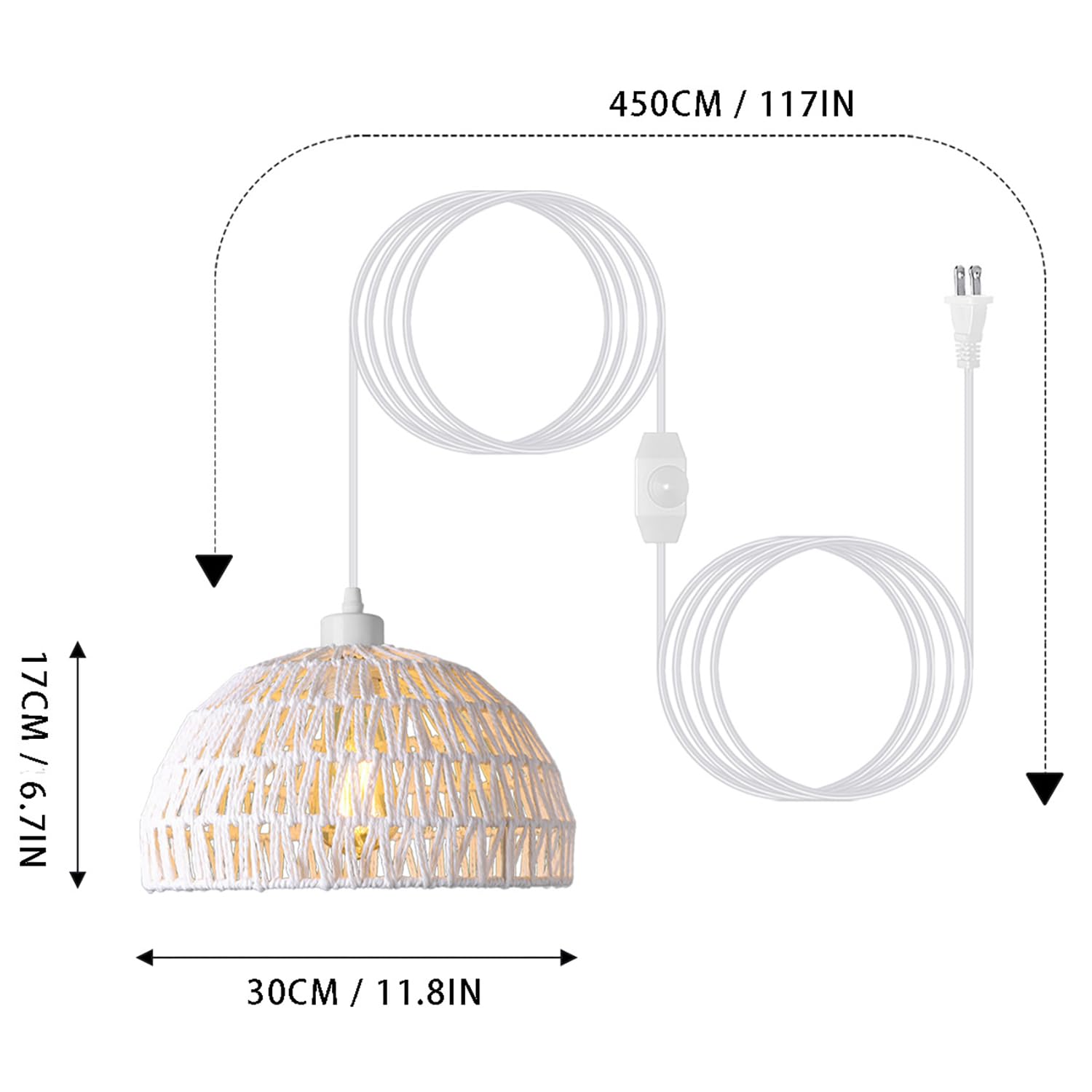 Lampa Wisząca Z Wtyczką, Rattanowe Lampy Wiszące Z Przewodem Z Wtyczką Przewód Ściemnialny O Długości 14,7 Stopy,Ręcznie Tkana Wiklinowa Lampa Wisząca Z Abażurem,Wisząca Lampa Sufitowa Z Wtyczką Boho
